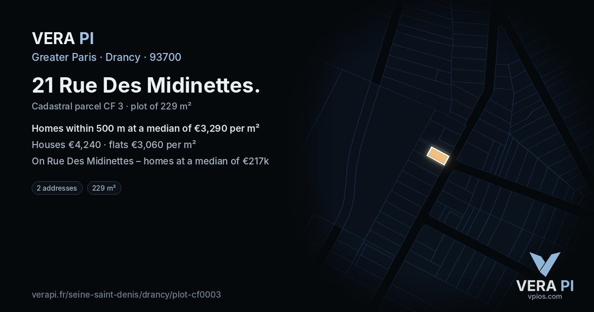 21 Rue Des Midinettes, Drancy at night – the plot lit, the parcels around coloured by the prices near them
