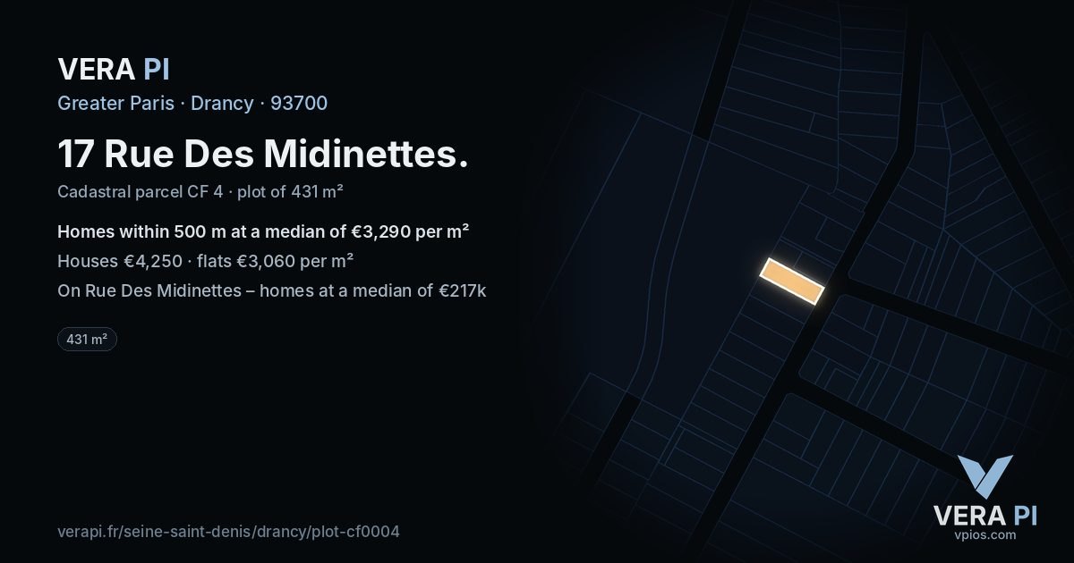 17 Rue Des Midinettes, Drancy at night – the plot lit, the parcels around coloured by the prices near them