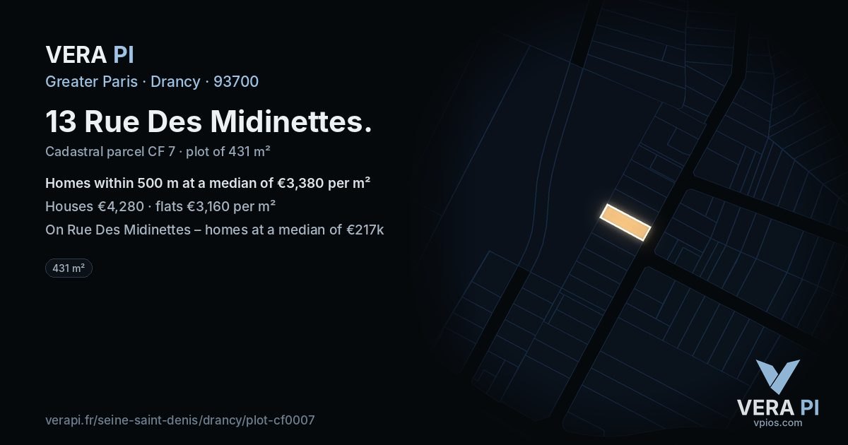 13 Rue Des Midinettes, Drancy at night – the plot lit, the parcels around coloured by the prices near them