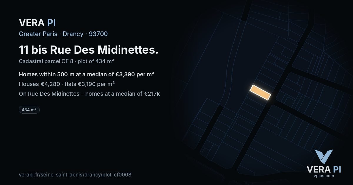 11 bis Rue Des Midinettes, Drancy at night – the plot lit, the parcels around coloured by the prices near them