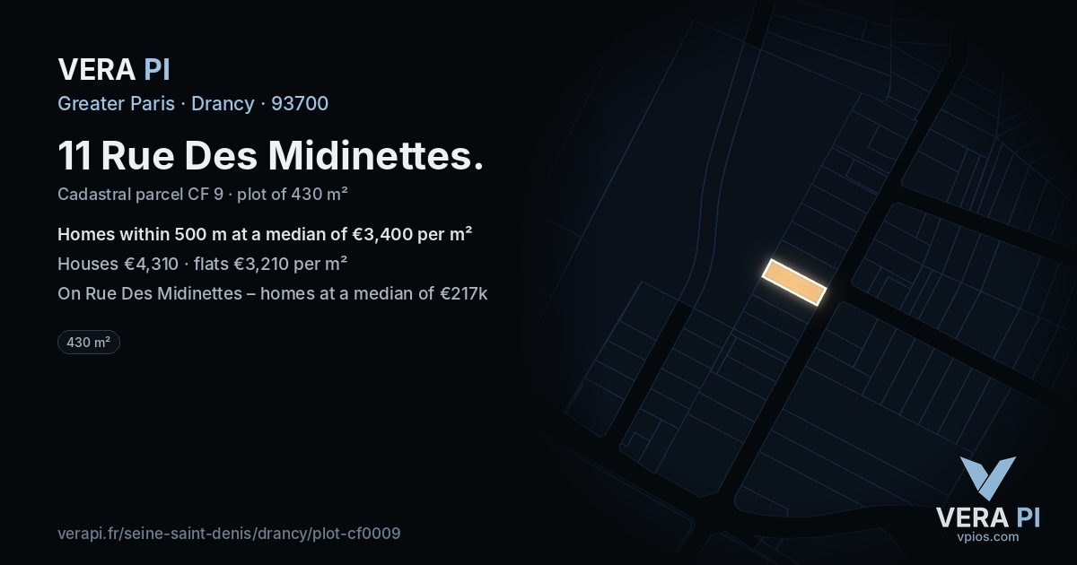 11 Rue Des Midinettes, Drancy at night – the plot lit, the parcels around coloured by the prices near them