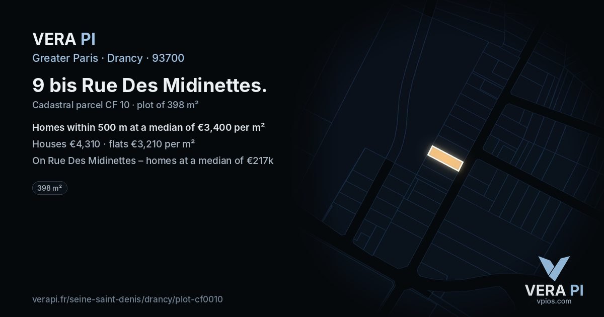 9 bis Rue Des Midinettes, Drancy at night – the plot lit, the parcels around coloured by the prices near them