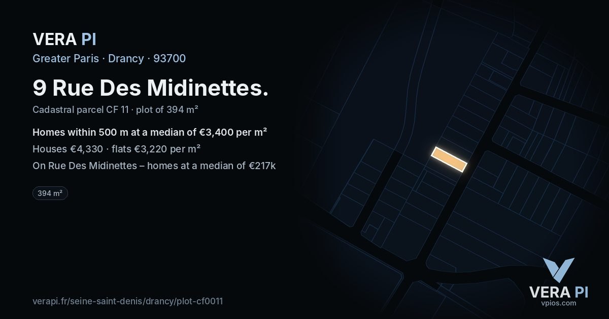 9 Rue Des Midinettes, Drancy at night – the plot lit, the parcels around coloured by the prices near them
