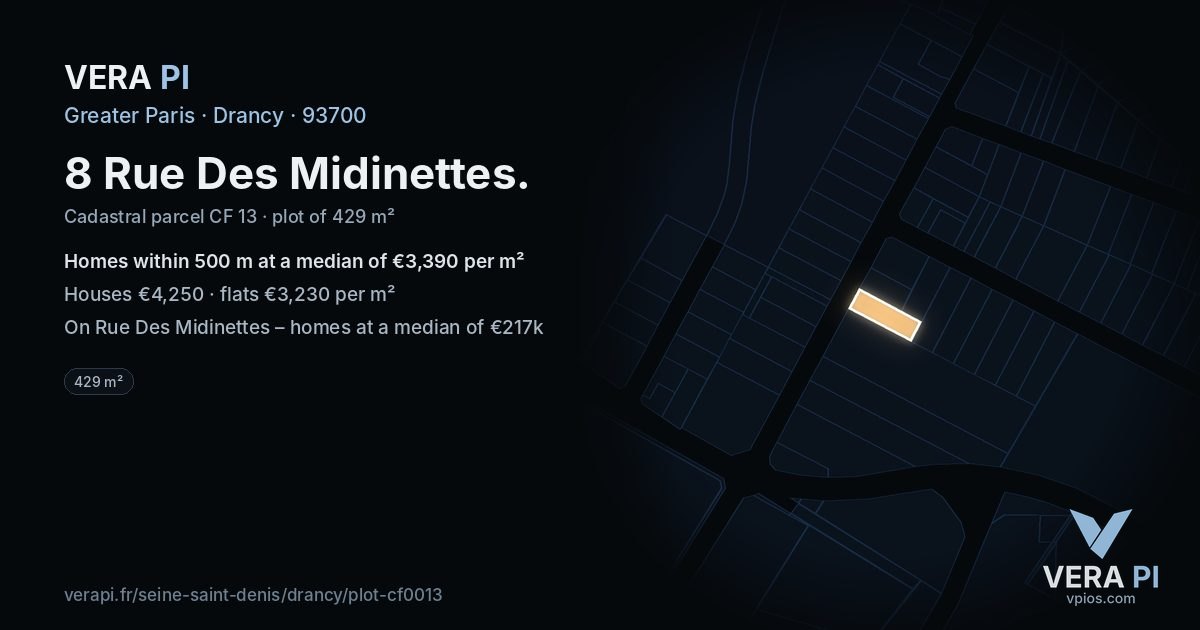 8 Rue Des Midinettes, Drancy at night – the plot lit, the parcels around coloured by the prices near them