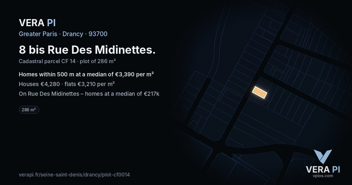 8 bis Rue Des Midinettes, Drancy at night – the plot lit, the parcels around coloured by the prices near them