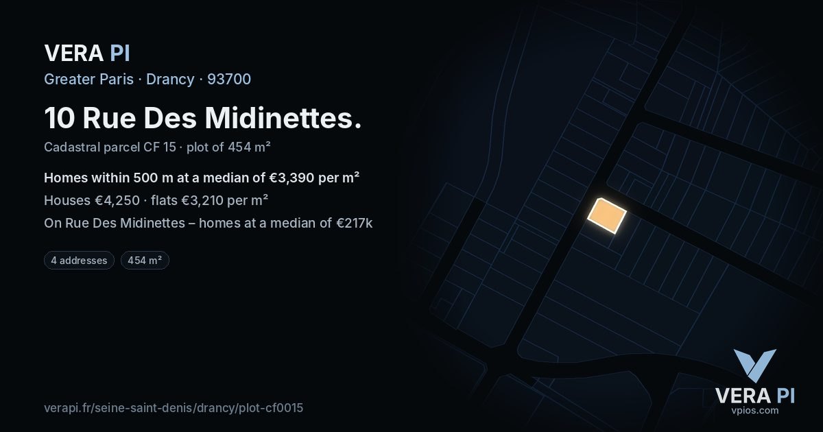 10 Rue Des Midinettes, Drancy at night – the plot lit, the parcels around coloured by the prices near them