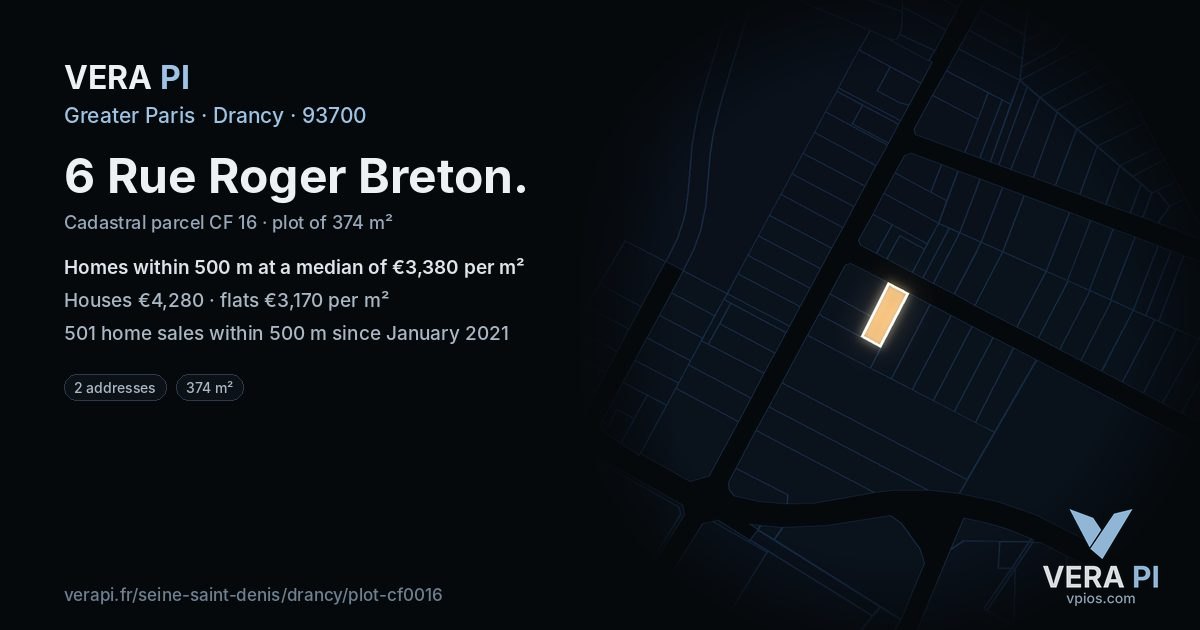 6 Rue Roger Breton, Drancy at night – the plot lit, the parcels around coloured by the prices near them