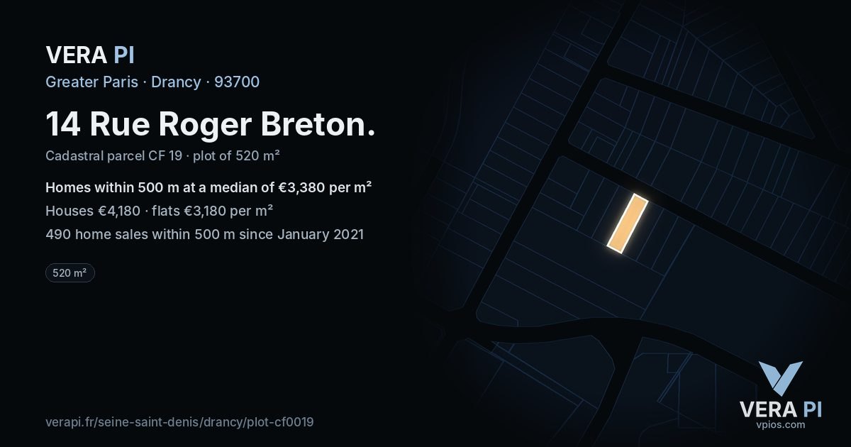 14 Rue Roger Breton, Drancy at night – the plot lit, the parcels around coloured by the prices near them