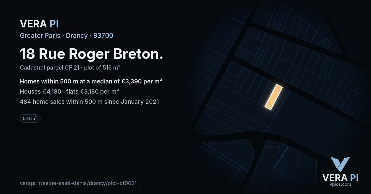 18 Rue Roger Breton, Drancy at night – the plot lit, the parcels around coloured by the prices near them