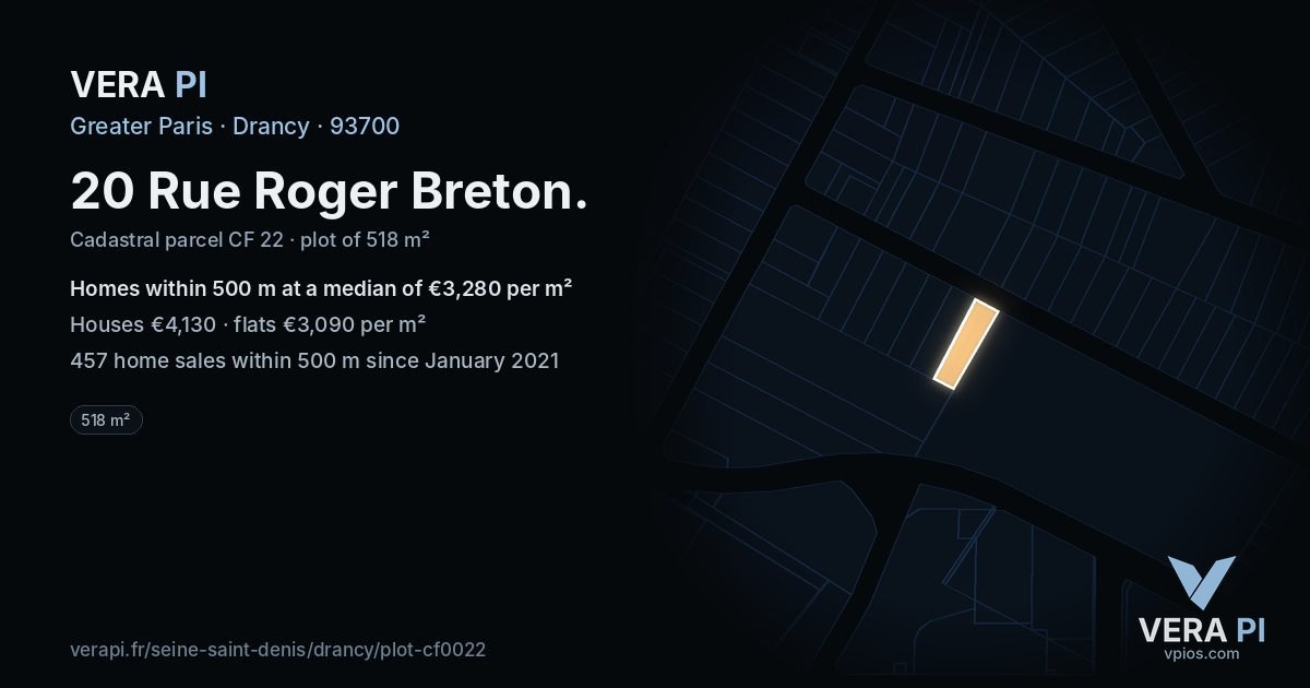 20 Rue Roger Breton, Drancy at night – the plot lit, the parcels around coloured by the prices near them