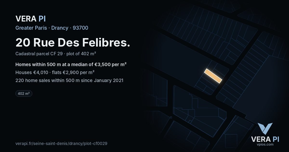 20 Rue Des Felibres, Drancy at night – the plot lit, the parcels around coloured by the prices near them
