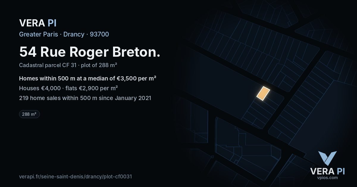 54 Rue Roger Breton, Drancy at night – the plot lit, the parcels around coloured by the prices near them