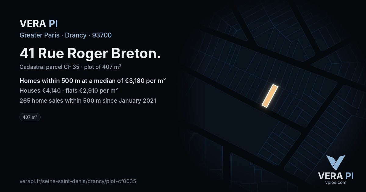 41 Rue Roger Breton, Drancy at night – the plot lit, the parcels around coloured by the prices near them