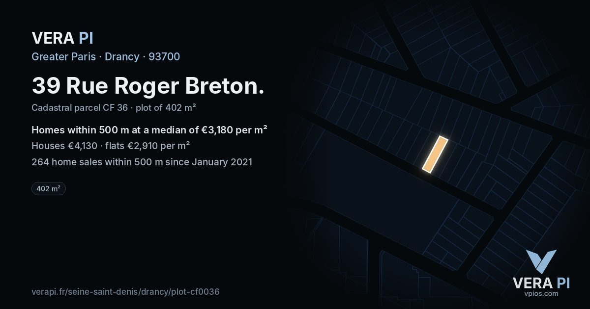 39 Rue Roger Breton, Drancy at night – the plot lit, the parcels around coloured by the prices near them