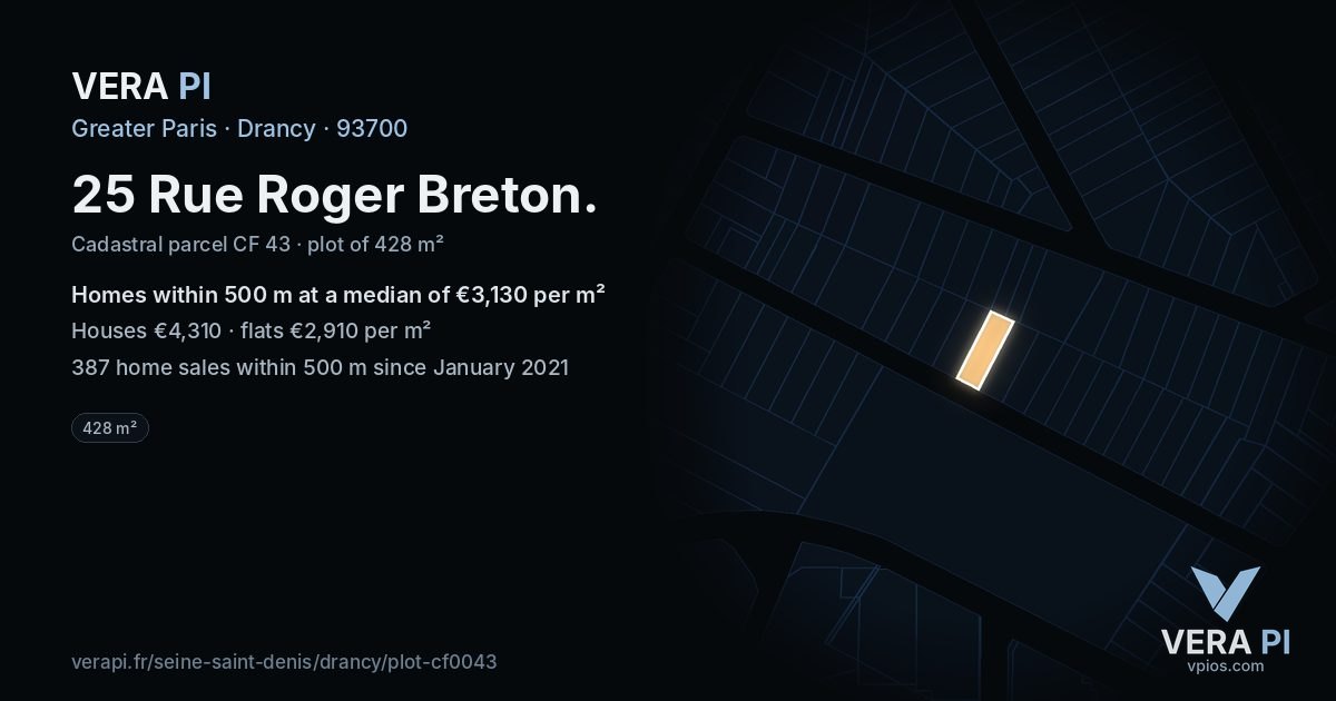 25 Rue Roger Breton, Drancy at night – the plot lit, the parcels around coloured by the prices near them