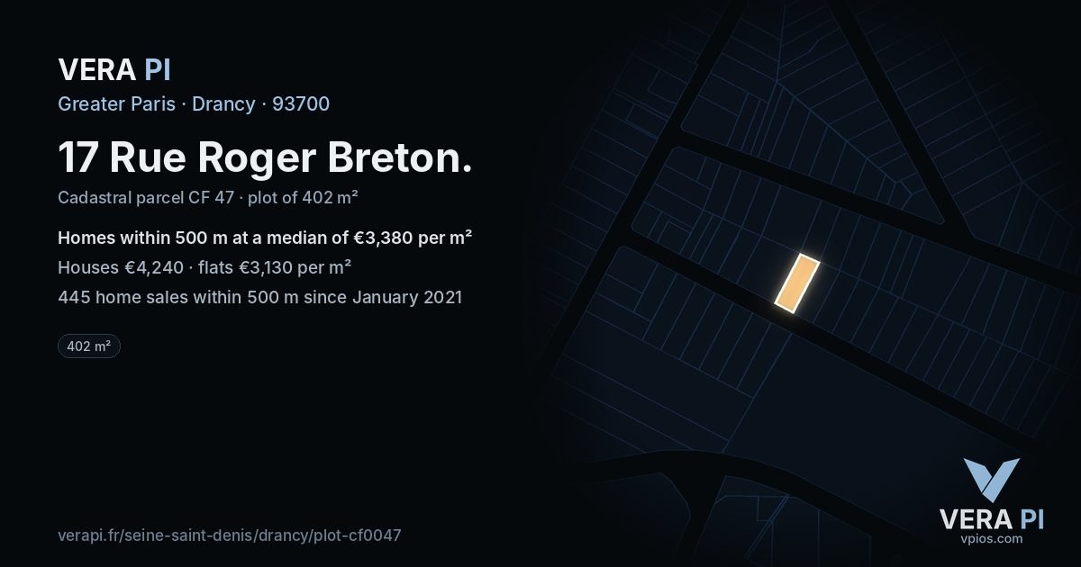 17 Rue Roger Breton, Drancy at night – the plot lit, the parcels around coloured by the prices near them