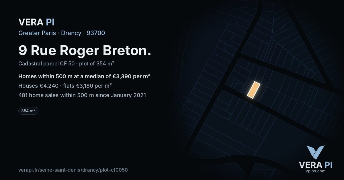 9 Rue Roger Breton, Drancy at night – the plot lit, the parcels around coloured by the prices near them