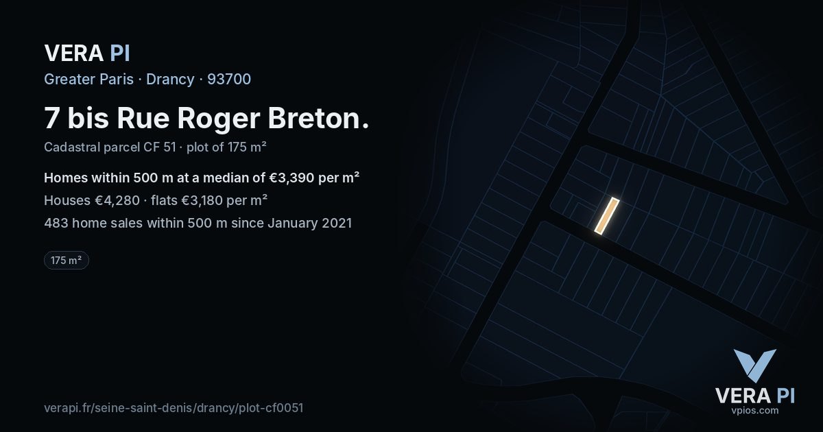 7 bis Rue Roger Breton, Drancy at night – the plot lit, the parcels around coloured by the prices near them