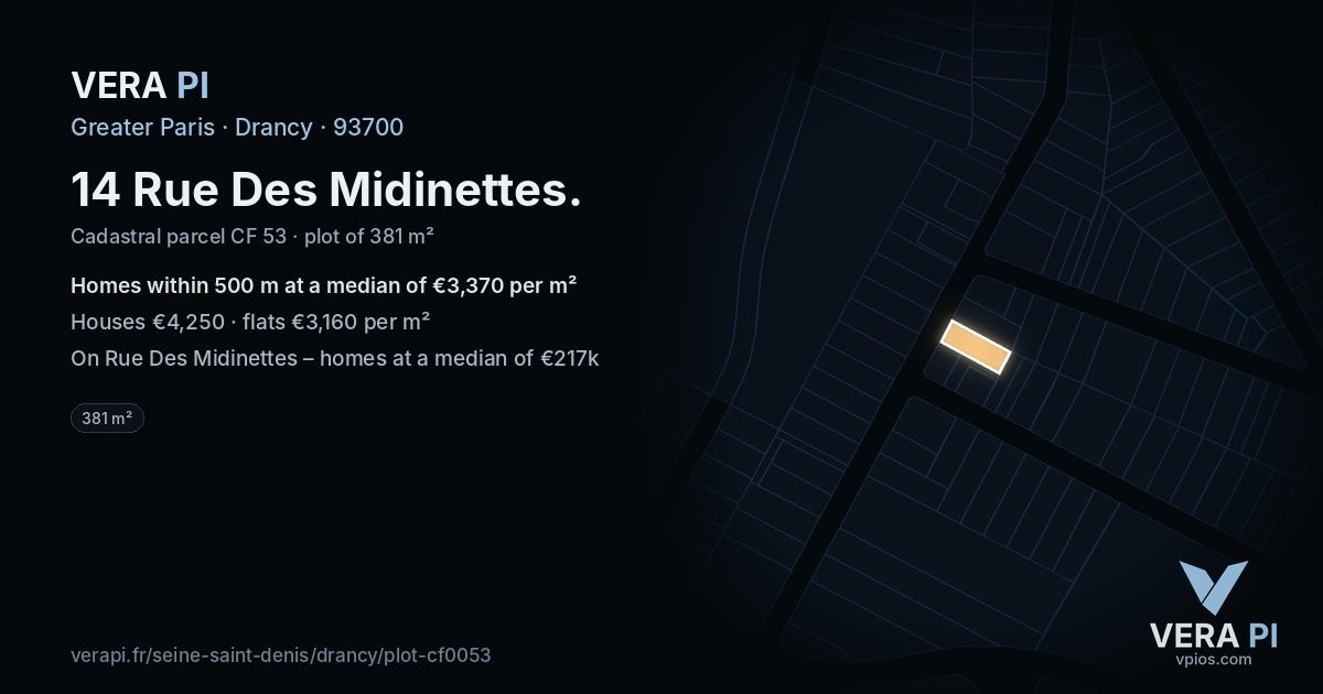 14 Rue Des Midinettes, Drancy at night – the plot lit, the parcels around coloured by the prices near them
