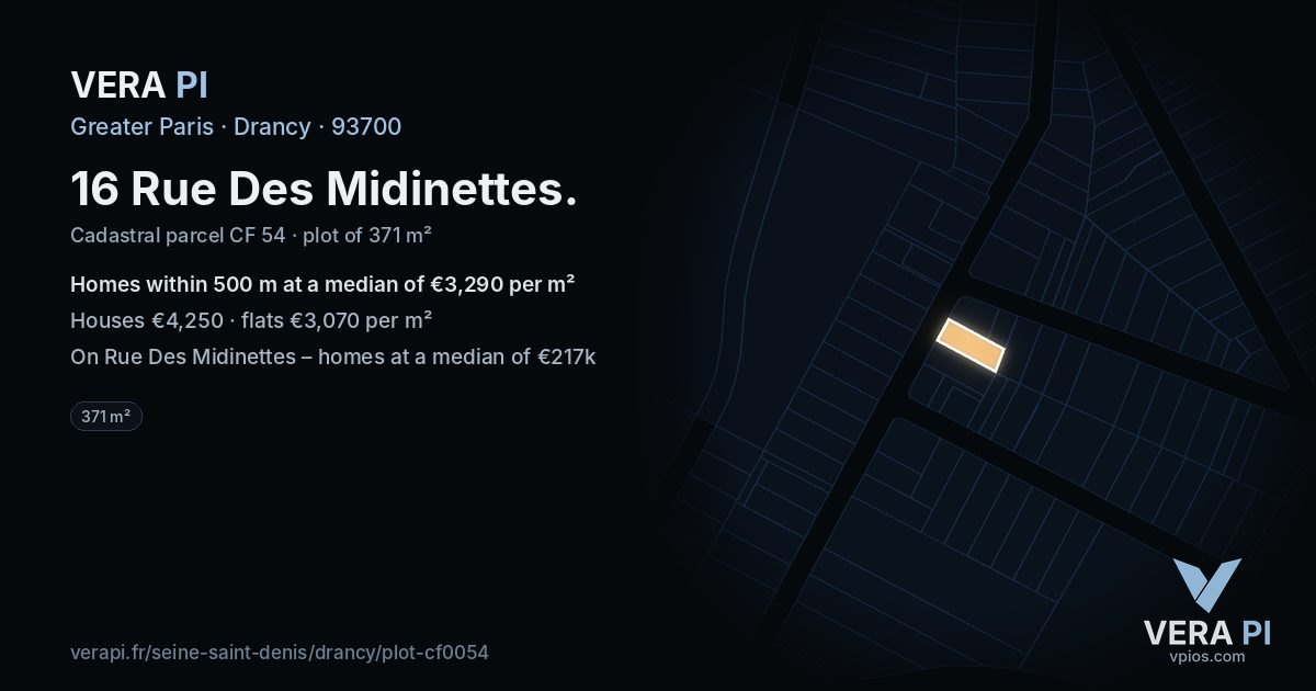 16 Rue Des Midinettes, Drancy at night – the plot lit, the parcels around coloured by the prices near them