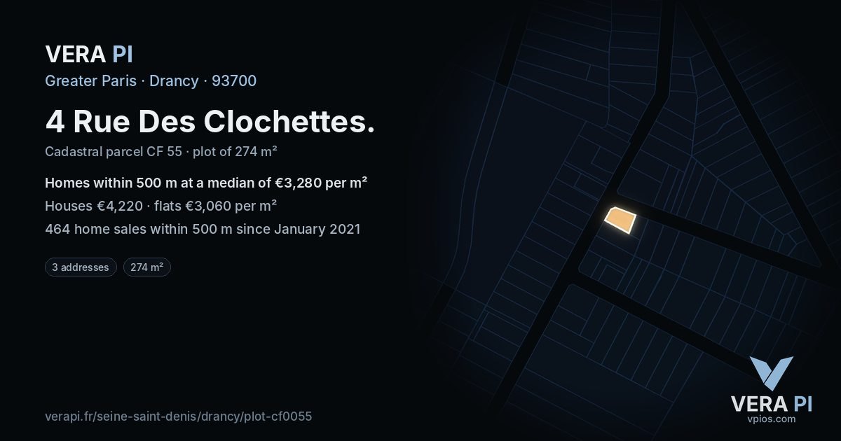 4 Rue Des Clochettes, Drancy at night – the plot lit, the parcels around coloured by the prices near them