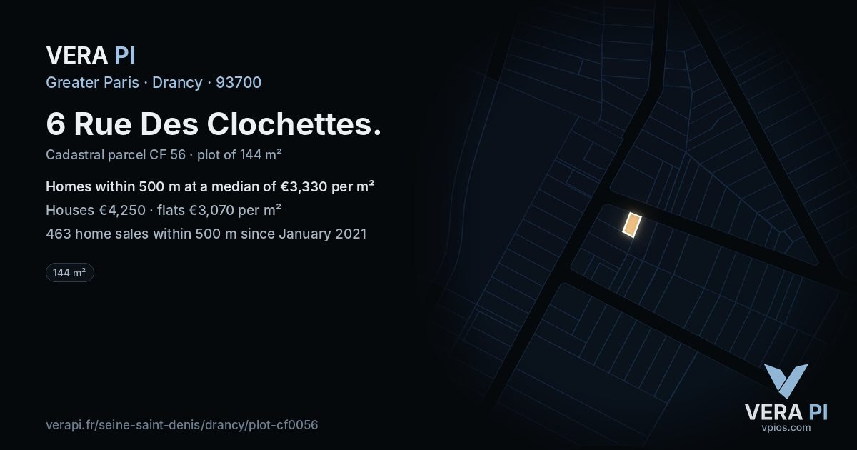 6 Rue Des Clochettes, Drancy at night – the plot lit, the parcels around coloured by the prices near them