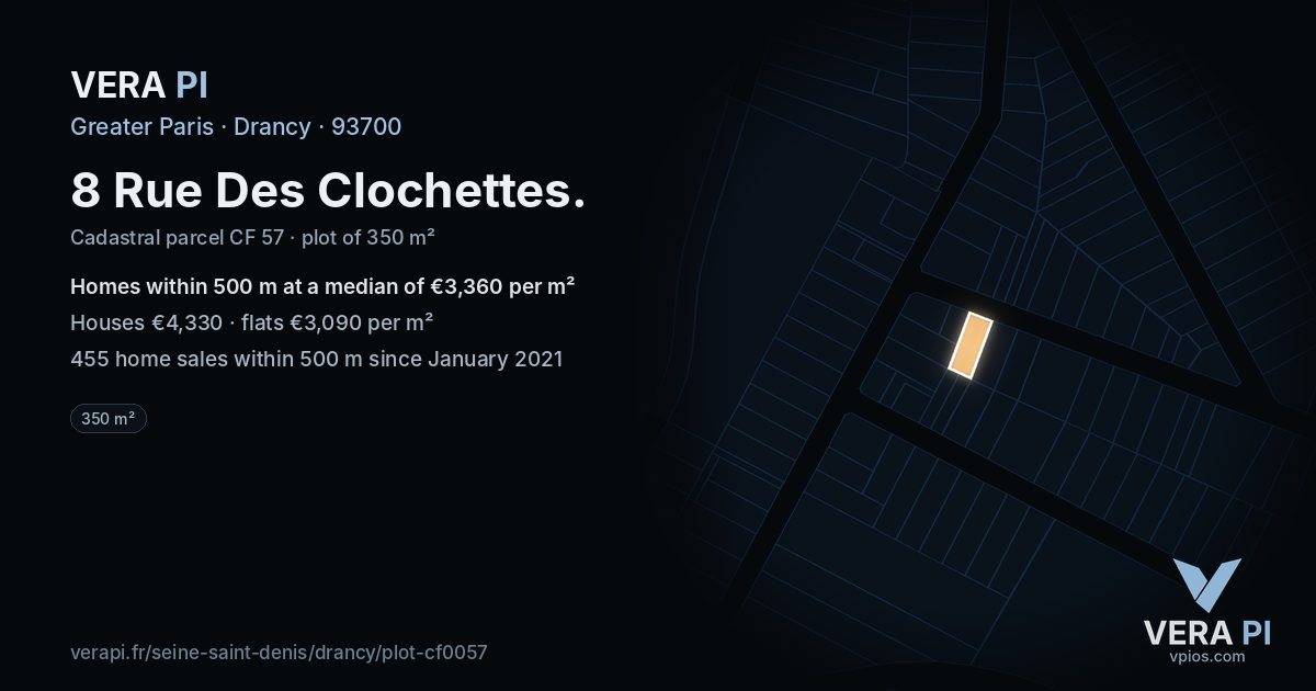 8 Rue Des Clochettes, Drancy at night – the plot lit, the parcels around coloured by the prices near them