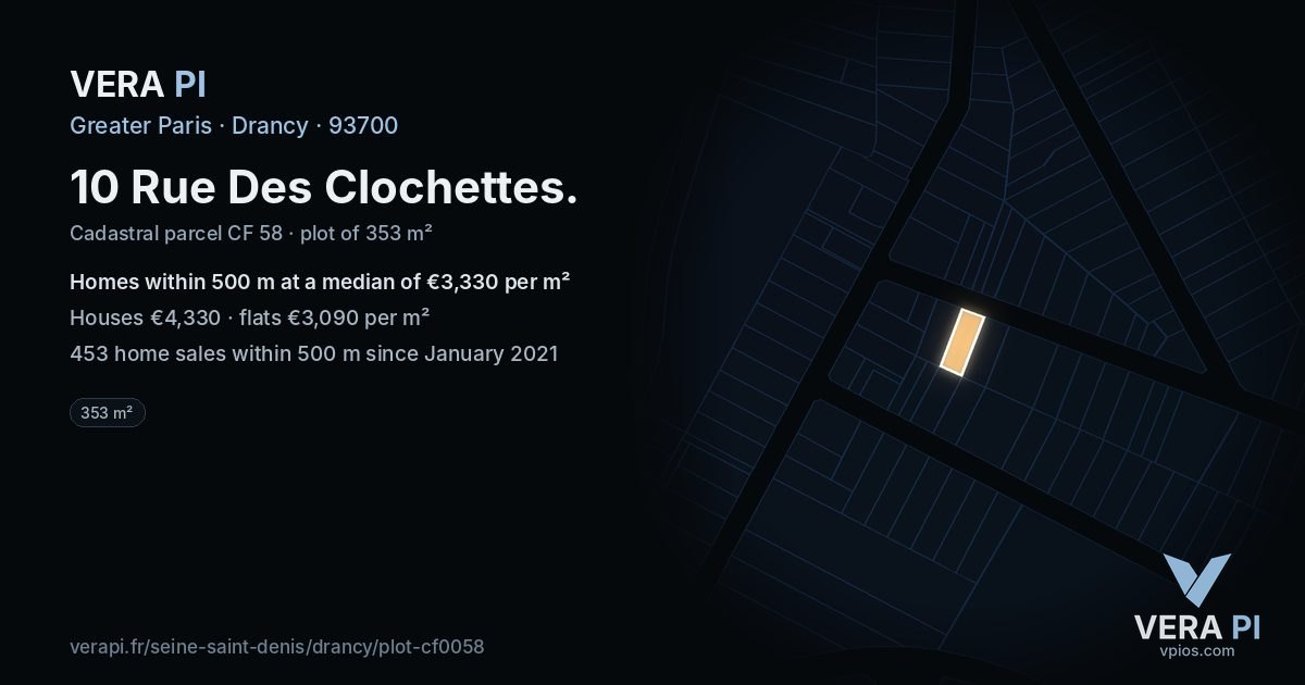 10 Rue Des Clochettes, Drancy at night – the plot lit, the parcels around coloured by the prices near them