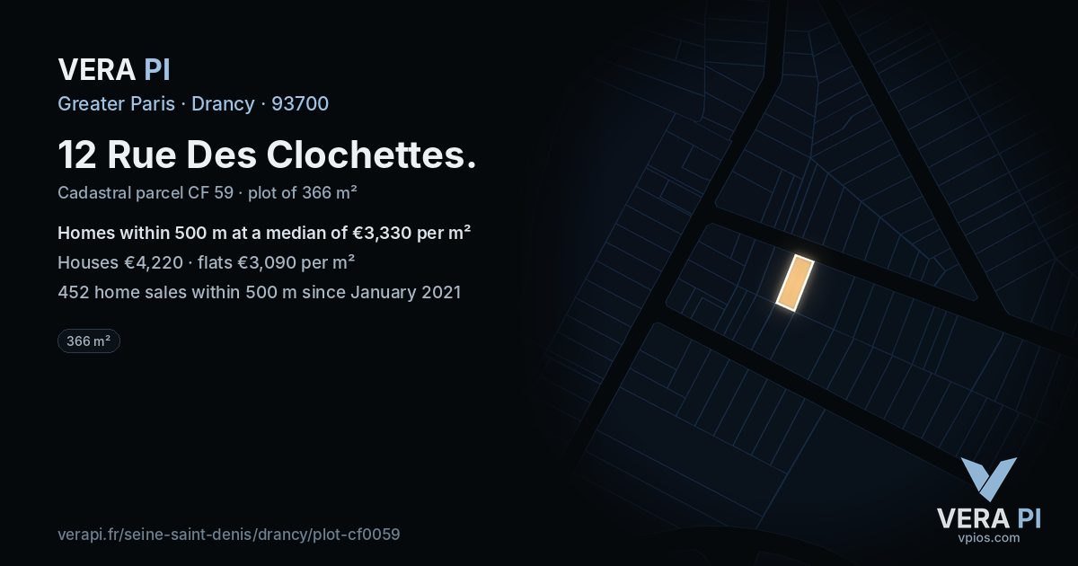 12 Rue Des Clochettes, Drancy at night – the plot lit, the parcels around coloured by the prices near them