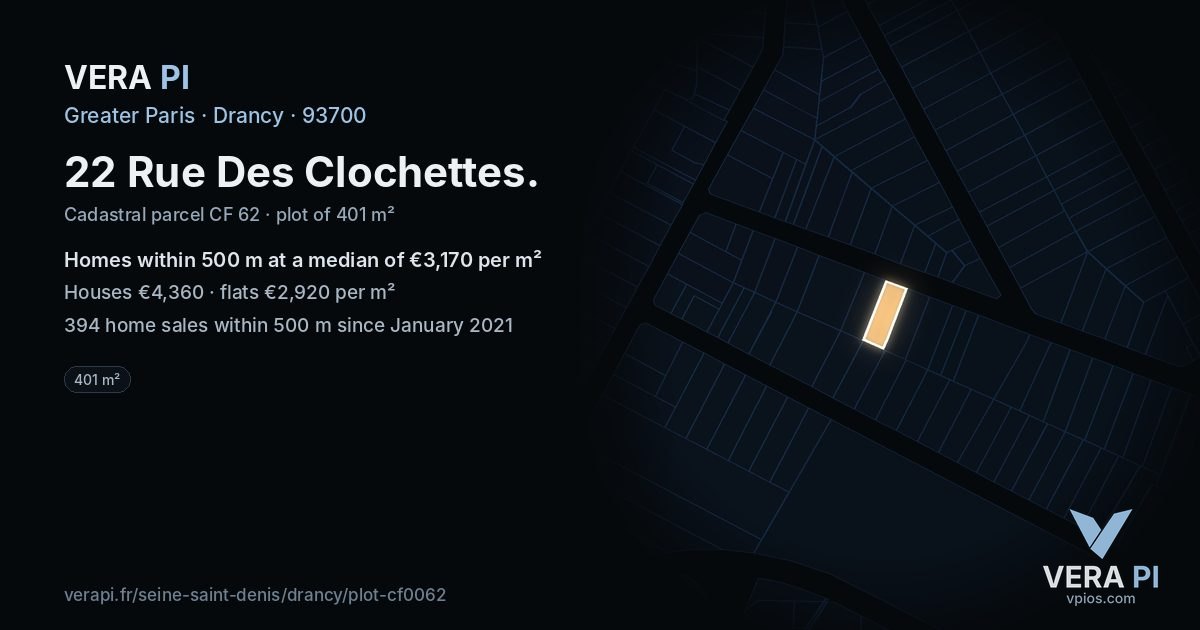 22 Rue Des Clochettes, Drancy at night – the plot lit, the parcels around coloured by the prices near them