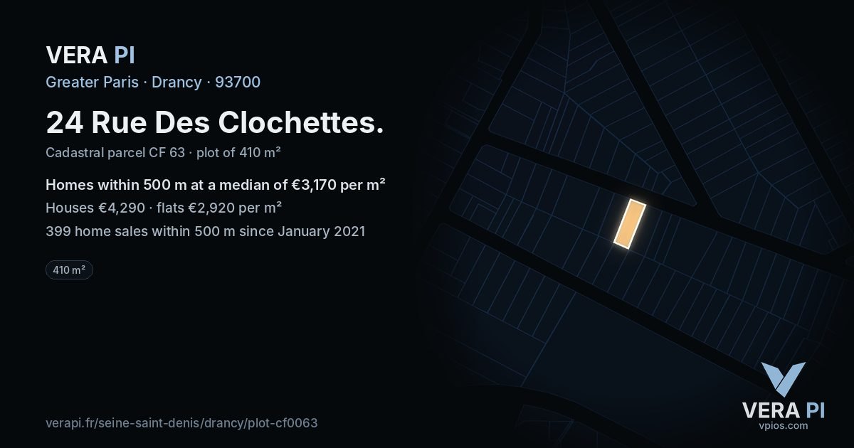24 Rue Des Clochettes, Drancy at night – the plot lit, the parcels around coloured by the prices near them