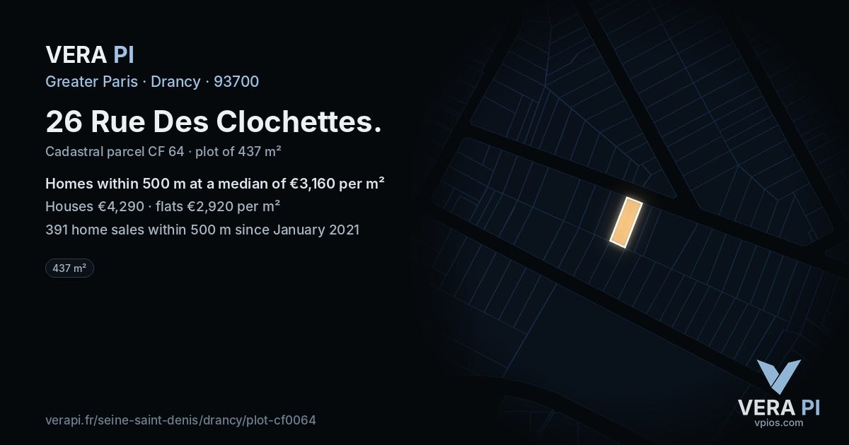 26 Rue Des Clochettes, Drancy at night – the plot lit, the parcels around coloured by the prices near them