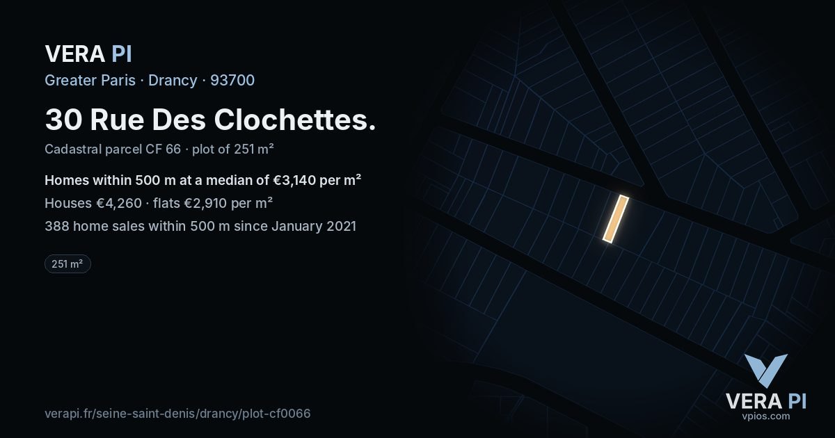 30 Rue Des Clochettes, Drancy at night – the plot lit, the parcels around coloured by the prices near them