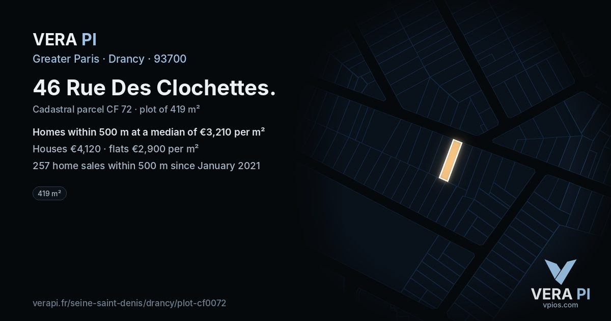 46 Rue Des Clochettes, Drancy at night – the plot lit, the parcels around coloured by the prices near them