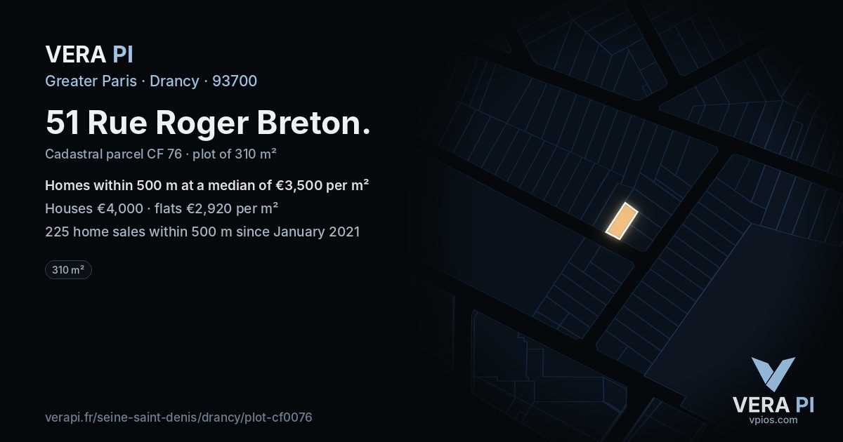 51 Rue Roger Breton, Drancy at night – the plot lit, the parcels around coloured by the prices near them