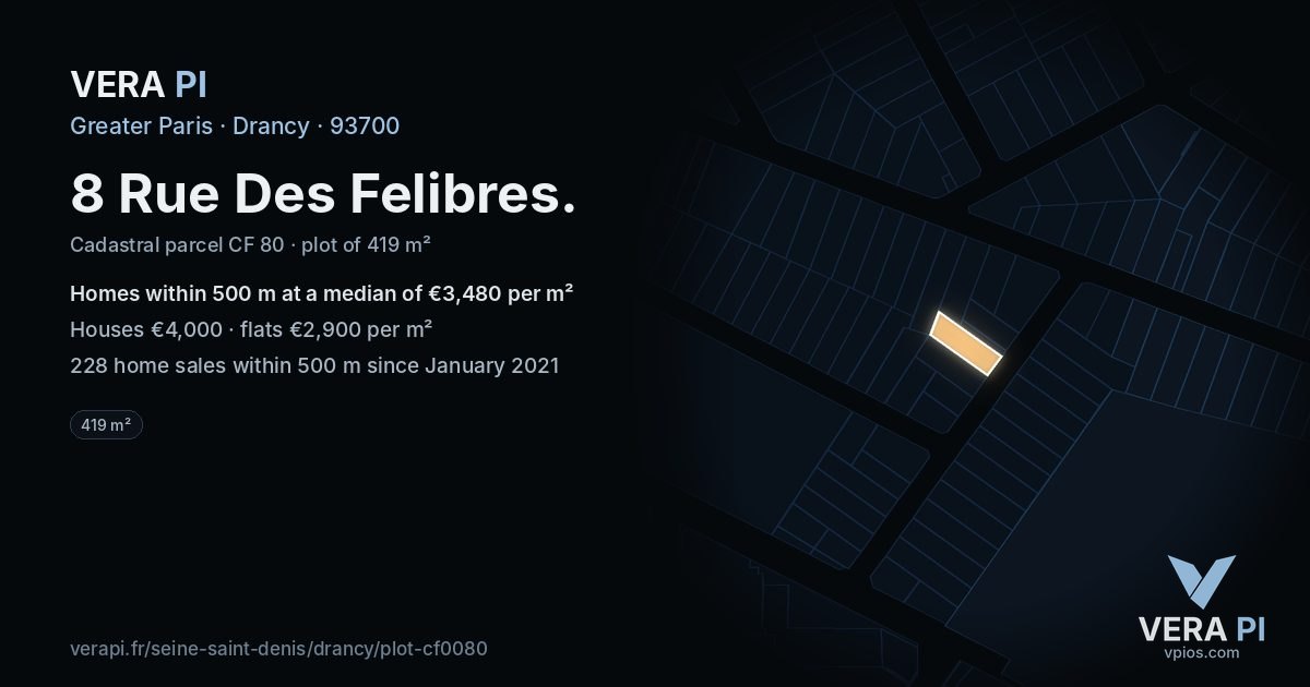 8 Rue Des Felibres, Drancy at night – the plot lit, the parcels around coloured by the prices near them