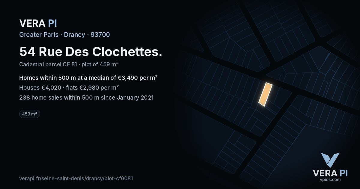 54 Rue Des Clochettes, Drancy at night – the plot lit, the parcels around coloured by the prices near them