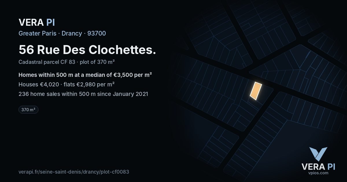 56 Rue Des Clochettes, Drancy at night – the plot lit, the parcels around coloured by the prices near them