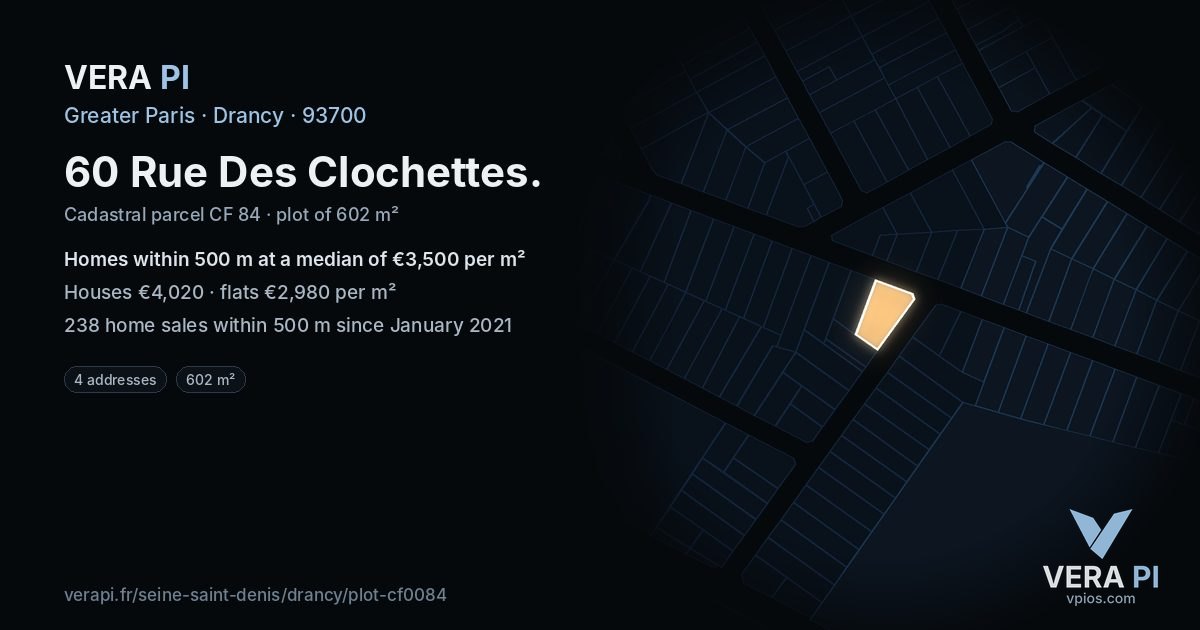 60 Rue Des Clochettes, Drancy at night – the plot lit, the parcels around coloured by the prices near them