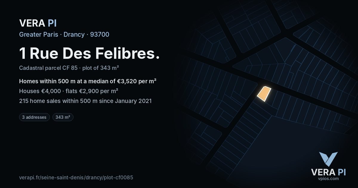 1 Rue Des Felibres, Drancy at night – the plot lit, the parcels around coloured by the prices near them