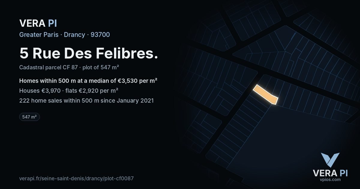 5 Rue Des Felibres, Drancy at night – the plot lit, the parcels around coloured by the prices near them