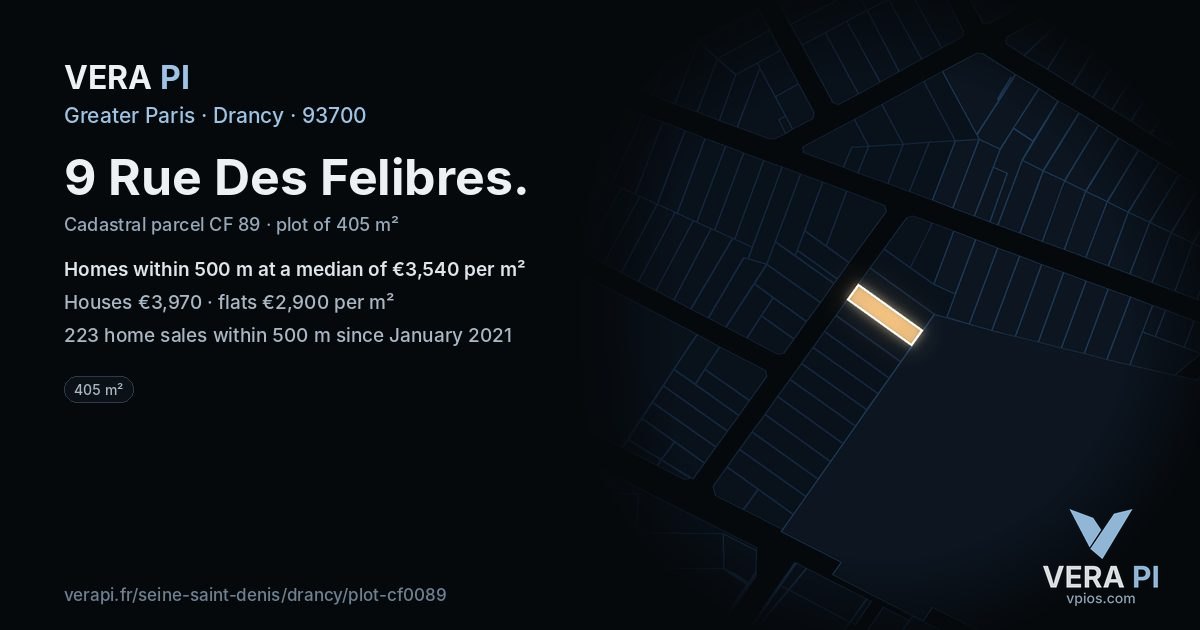 9 Rue Des Felibres, Drancy at night – the plot lit, the parcels around coloured by the prices near them