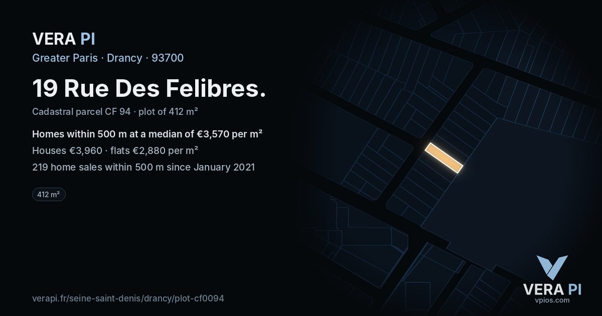 19 Rue Des Felibres, Drancy at night – the plot lit, the parcels around coloured by the prices near them