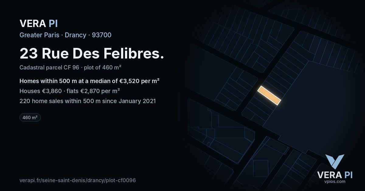 23 Rue Des Felibres, Drancy at night – the plot lit, the parcels around coloured by the prices near them