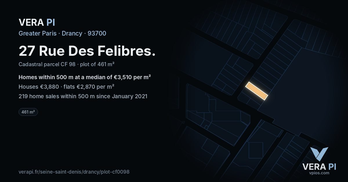 27 Rue Des Felibres, Drancy at night – the plot lit, the parcels around coloured by the prices near them