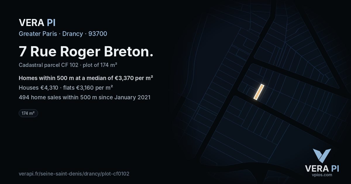 7 Rue Roger Breton, Drancy at night – the plot lit, the parcels around coloured by the prices near them