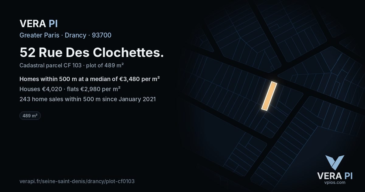 52 Rue Des Clochettes, Drancy at night – the plot lit, the parcels around coloured by the prices near them