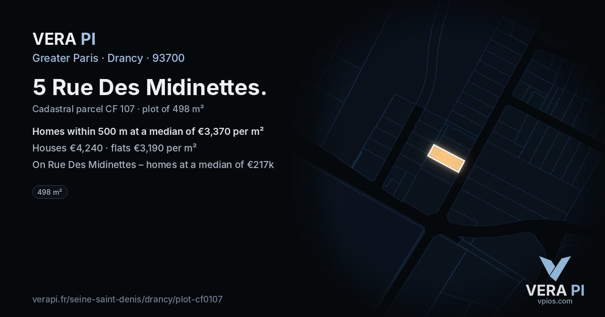 5 Rue Des Midinettes, Drancy at night – the plot lit, the parcels around coloured by the prices near them