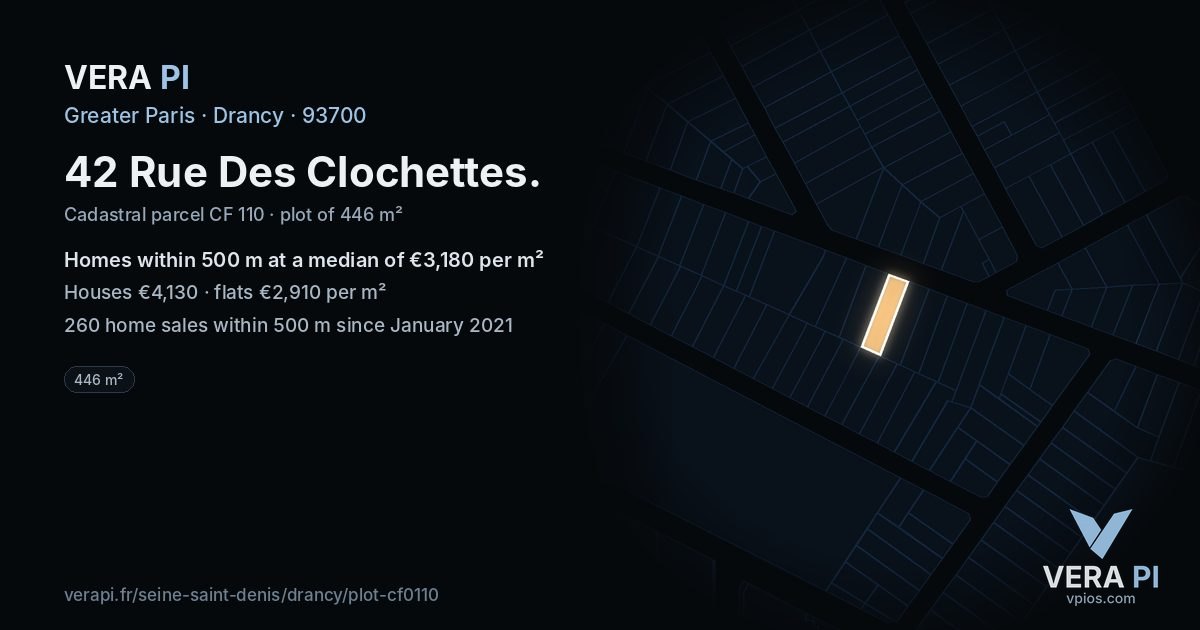 42 Rue Des Clochettes, Drancy at night – the plot lit, the parcels around coloured by the prices near them