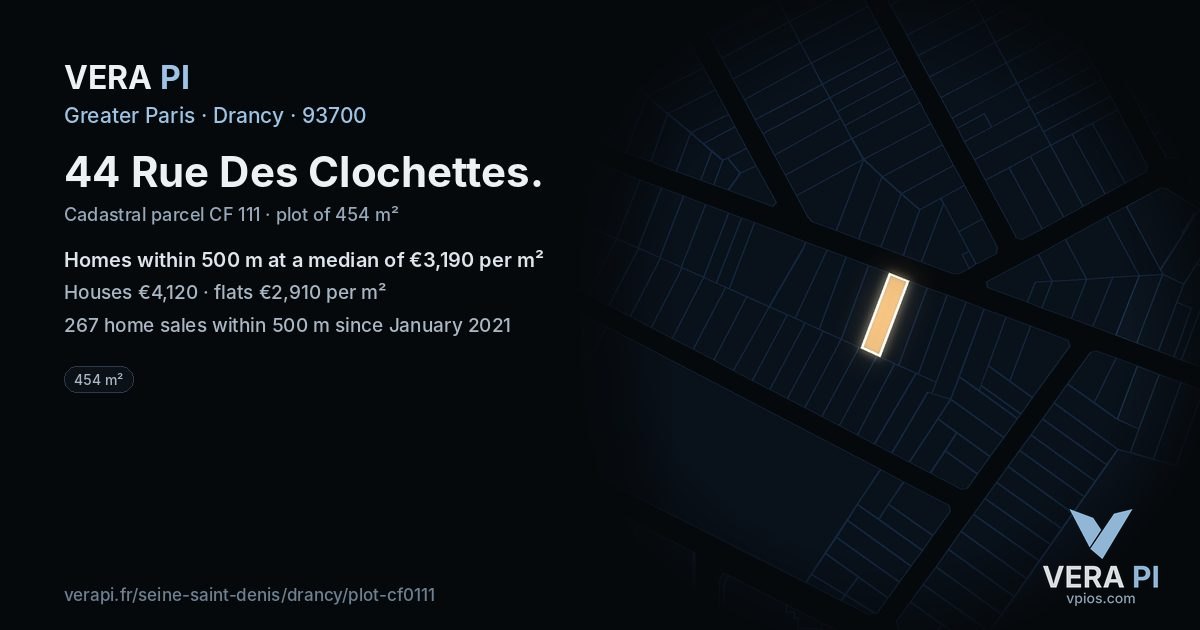 44 Rue Des Clochettes, Drancy at night – the plot lit, the parcels around coloured by the prices near them